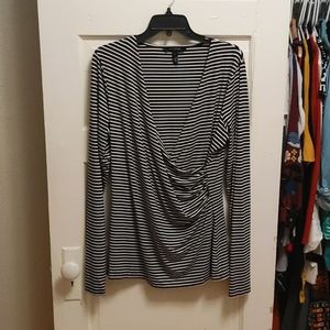 Long Tall Sally black and white striped stretchy wrap long sleeve shirt size L